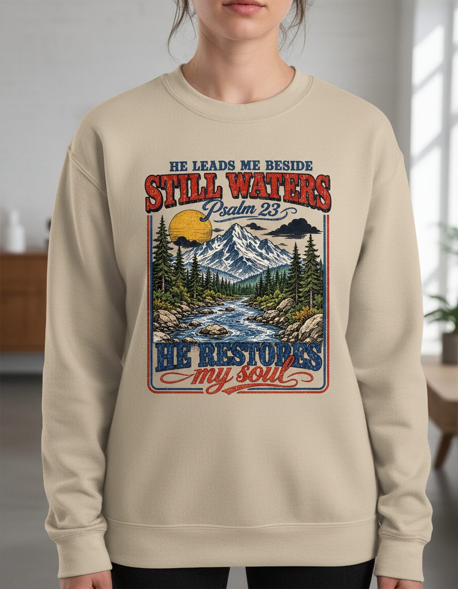 He Leads Me Beside Still Waters Psalm 23 He Restores My Sweatshirt - product mockup - Sand