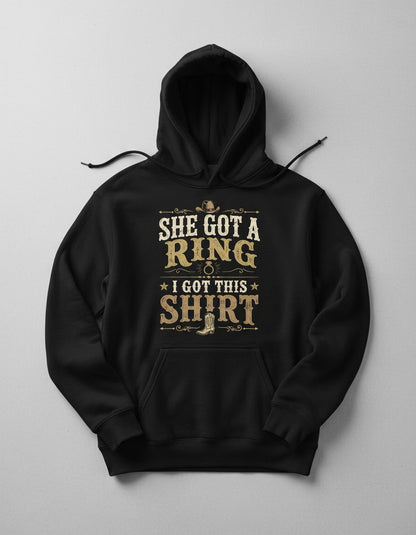 SHE GOT a RING I GOT THIS SHIRT Funny Bachelor Party Hoodie - product mockup - Black