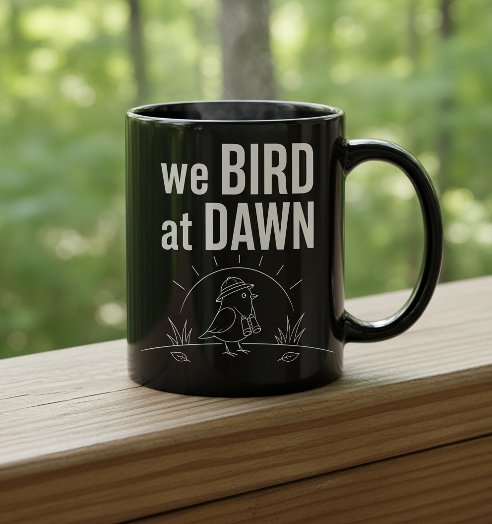 Funny We Bird at Dawn Birdwatching Black Mug - product mockup - Black