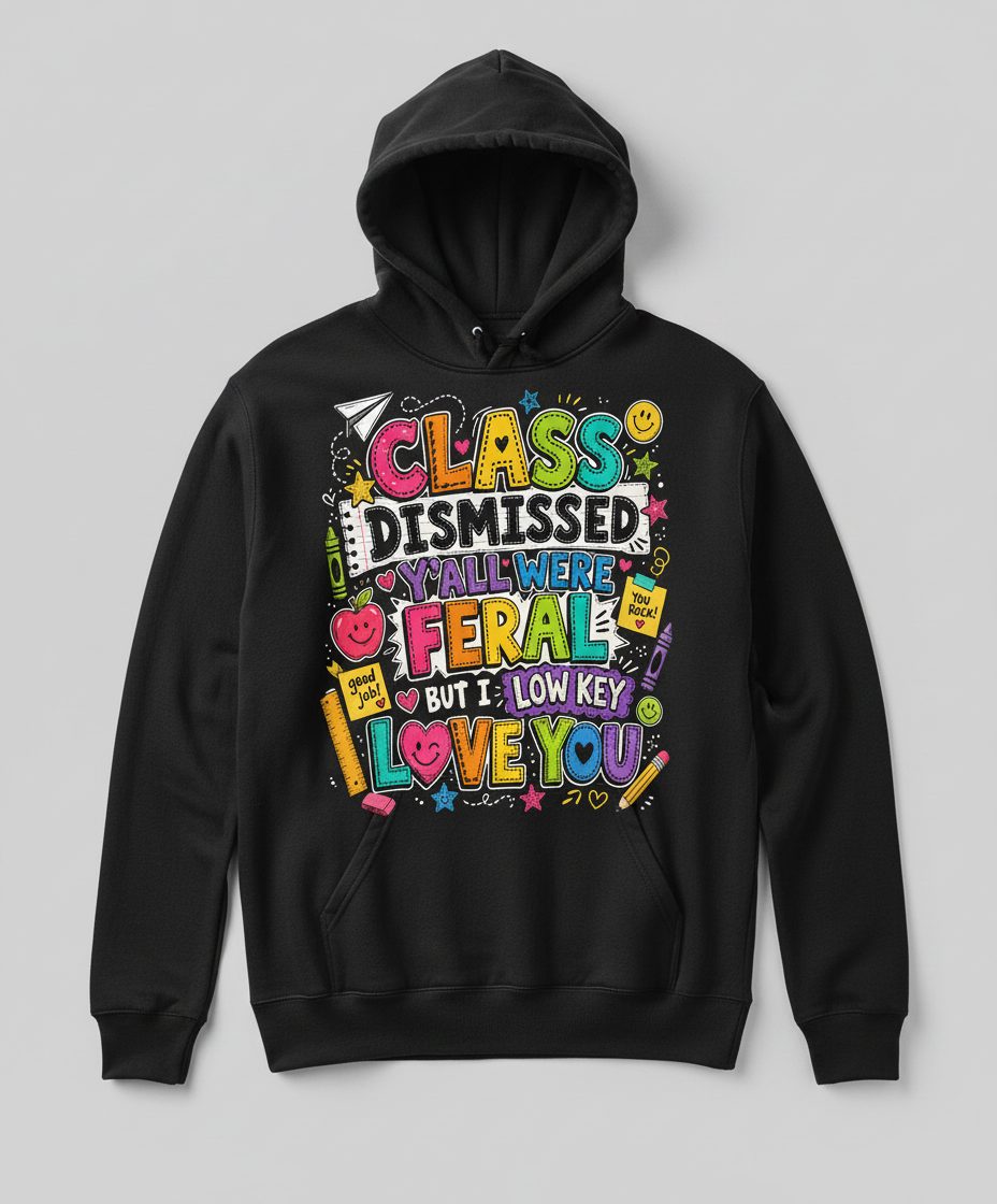 Class Dismissed Y'all Were Feral but I Low Key Love You Hoodie - product mockup - Black