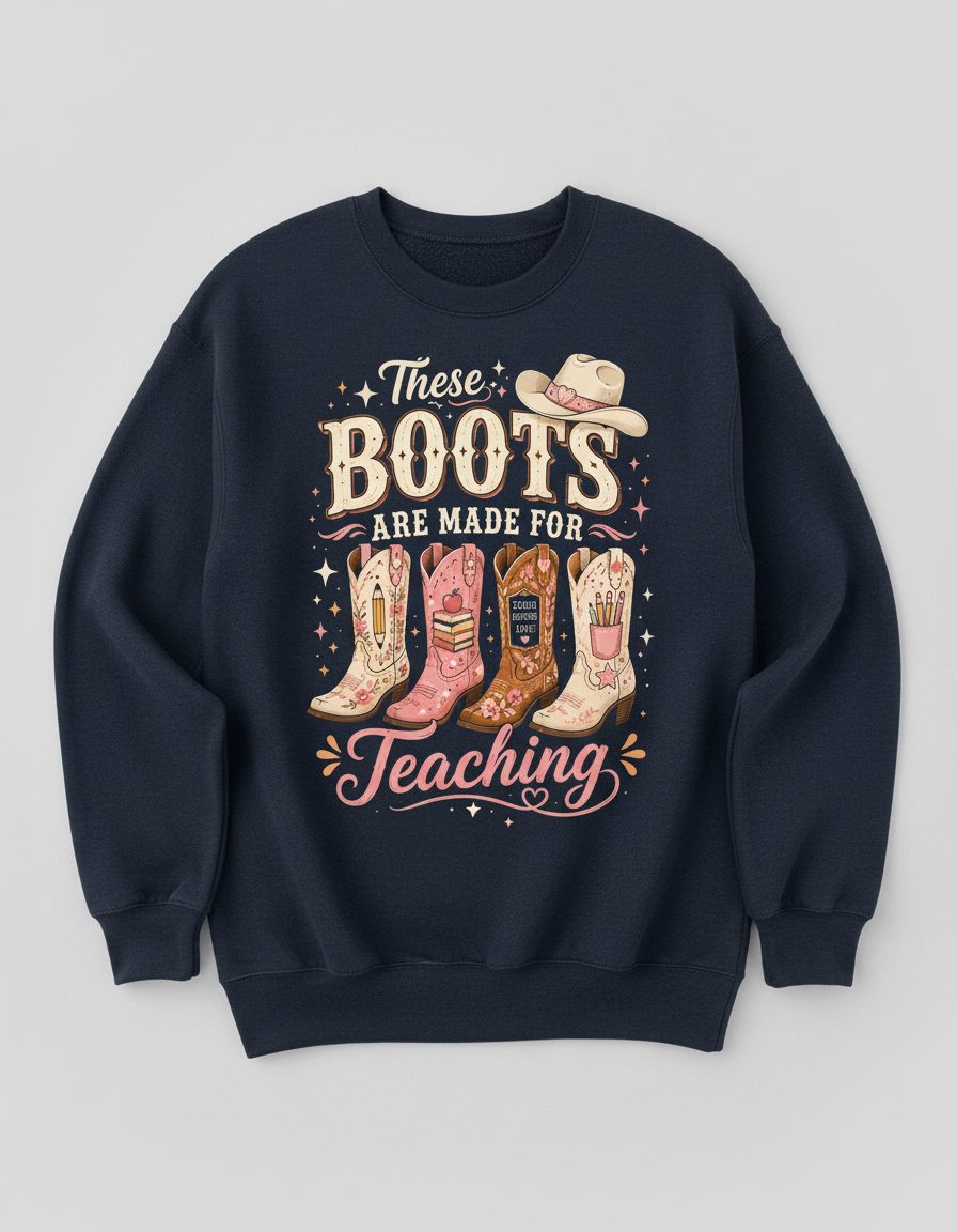 These Boots Are Made for Teaching Teacher Sweatshirt - product mockup - Navy