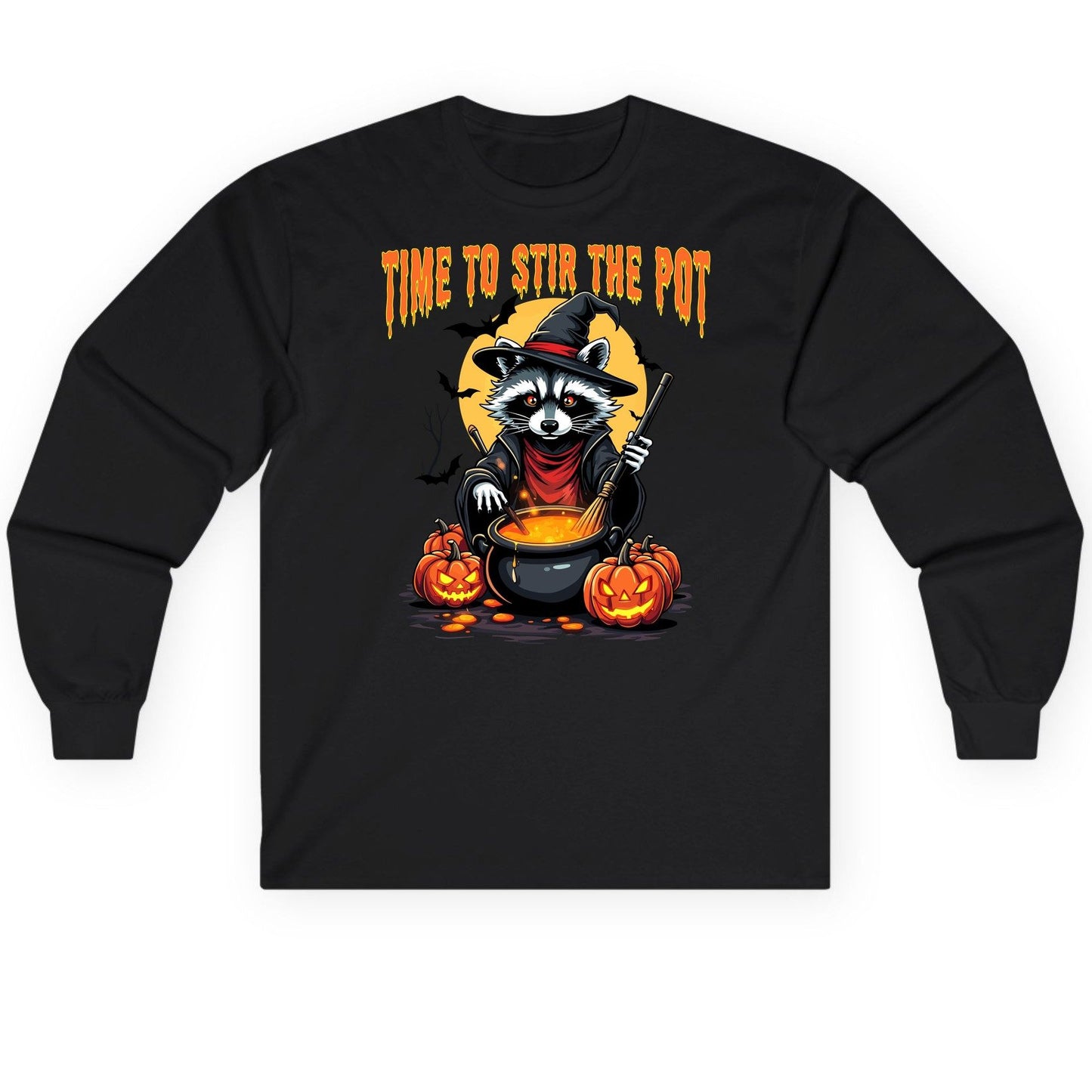Time to Stir the Pot Halloween raccoon Long Sleeve Tee Black product mockup