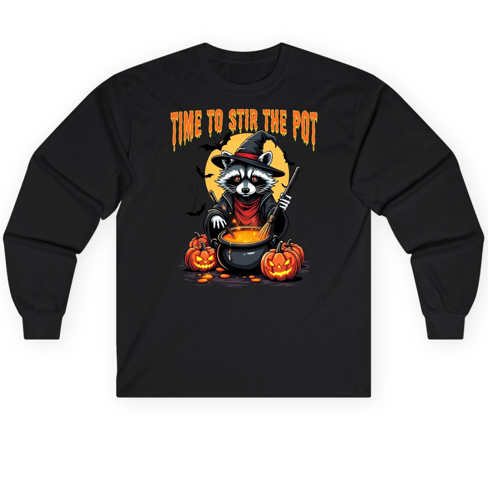Time to Stir the Pot Halloween raccoon Long Sleeve Tee Black product mockup