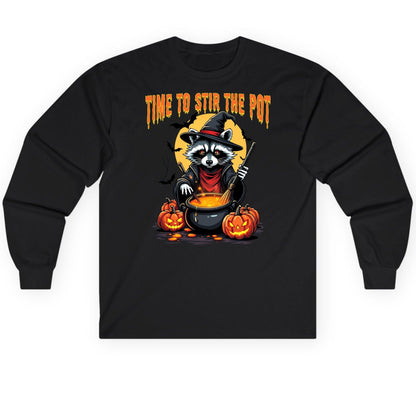 Time to Stir the Pot Halloween raccoon Long Sleeve Tee Black product mockup
