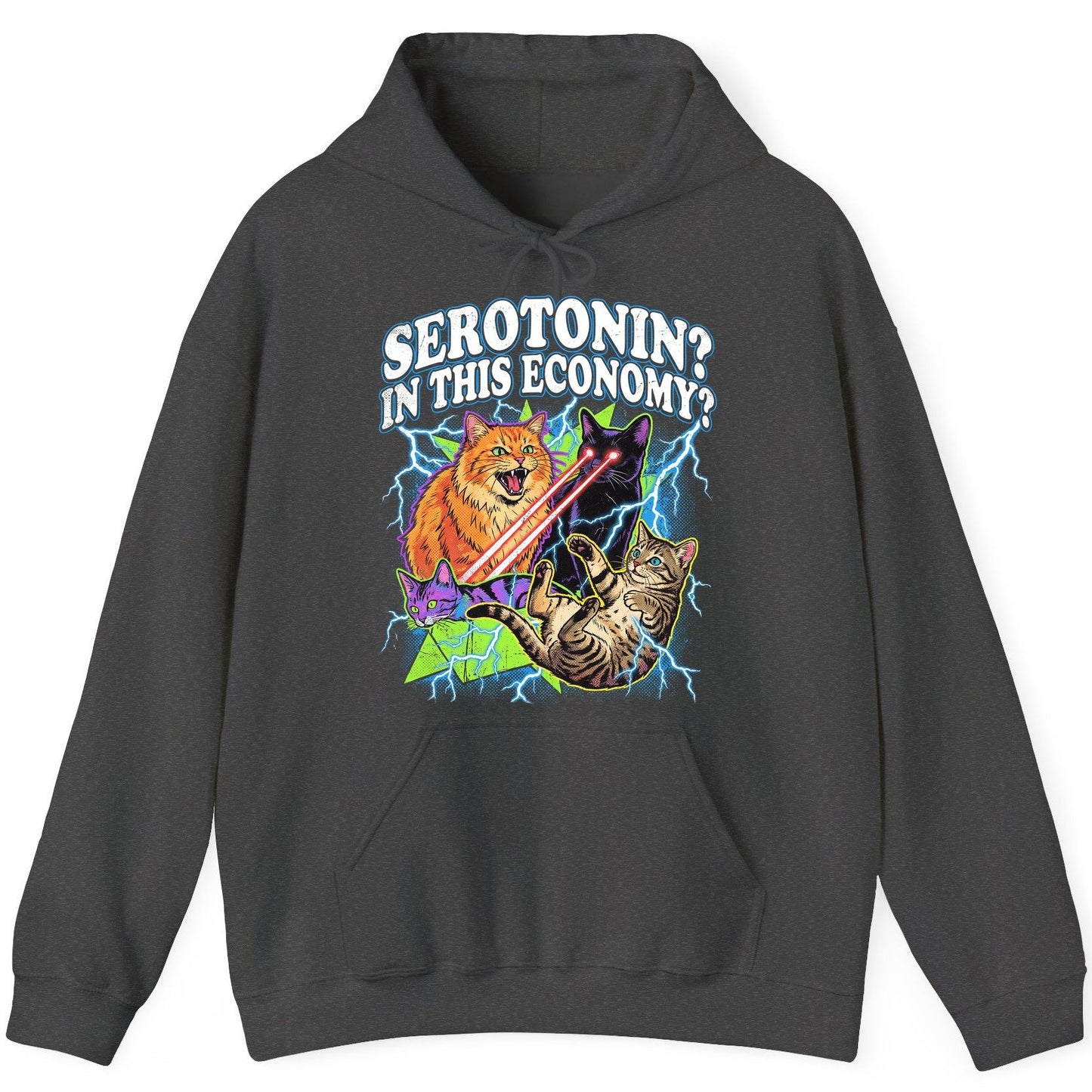 Serotonin in This Economy? cats Hoodie Dark Heather product mockup