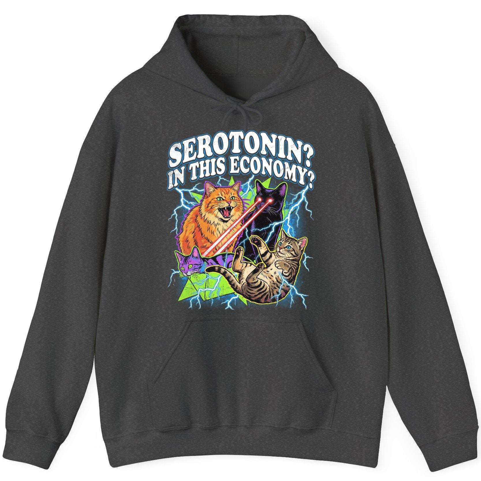 Serotonin in This Economy? cats Hoodie Dark Heather product mockup