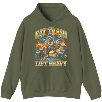 Eat Trash Lift Heavy raccoon Hoodie Military Green product mockup