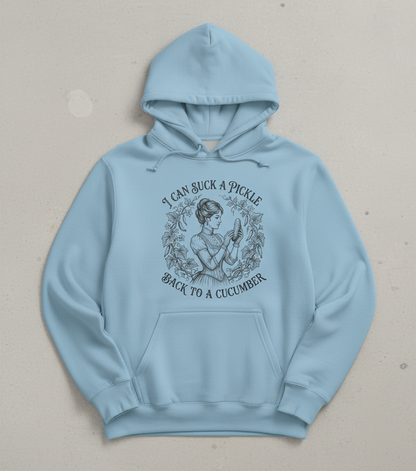 Vintage Victorian "I Can Suck a Pickle Back to a Cucumber" Design Hoodie - Light Blue