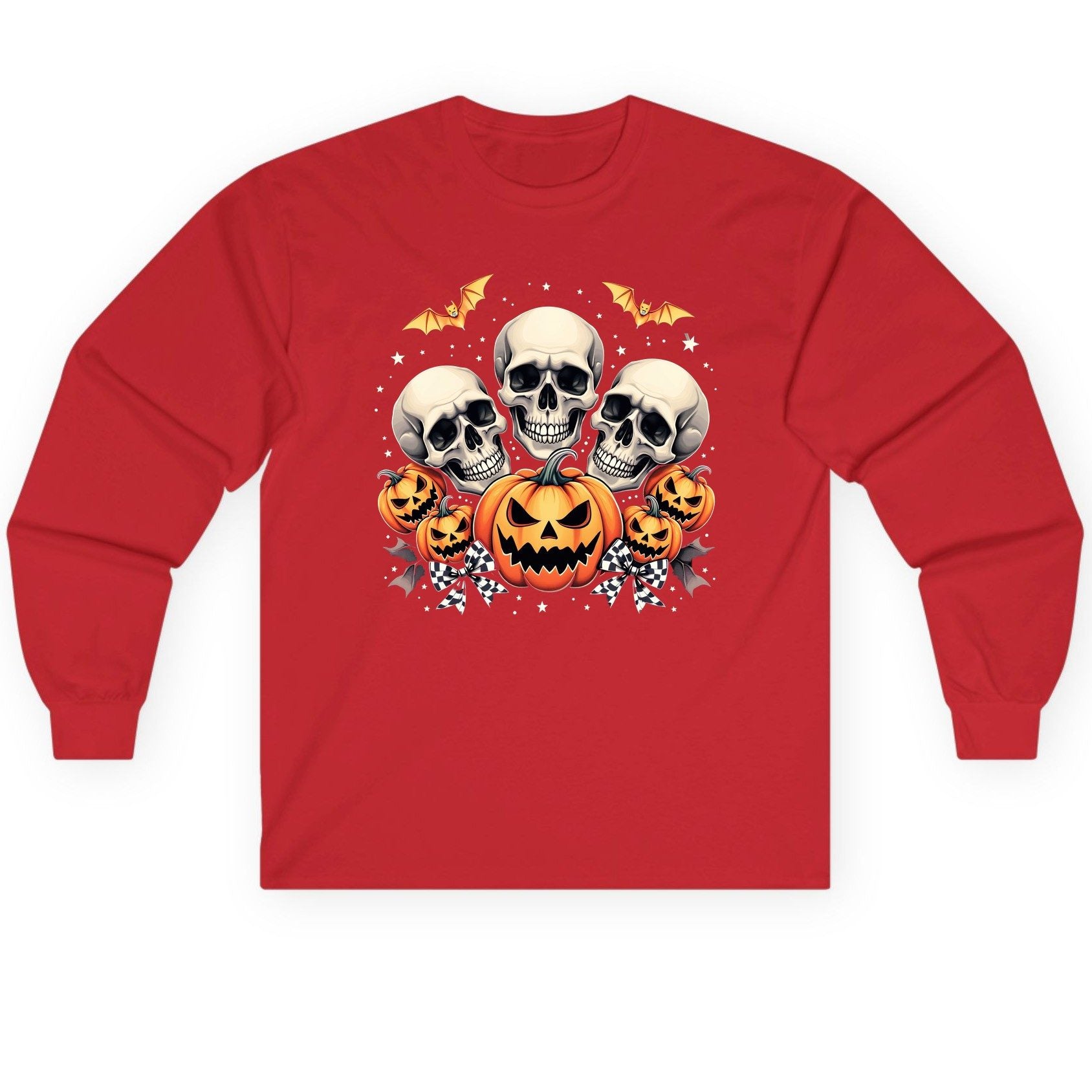 Skulls and Pumpkins Halloween Halloween Long Sleeve Tee Red product mockup