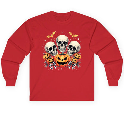 Skulls and Pumpkins Halloween Halloween Long Sleeve Tee Red product mockup