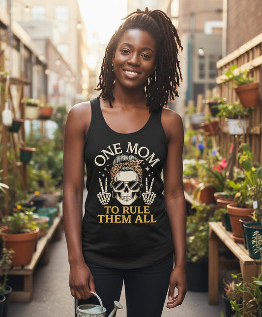 ONE MOM TO RULE THEM ALL Funny Sassy Skull Tank Top - lifestyle model mockup - Black
