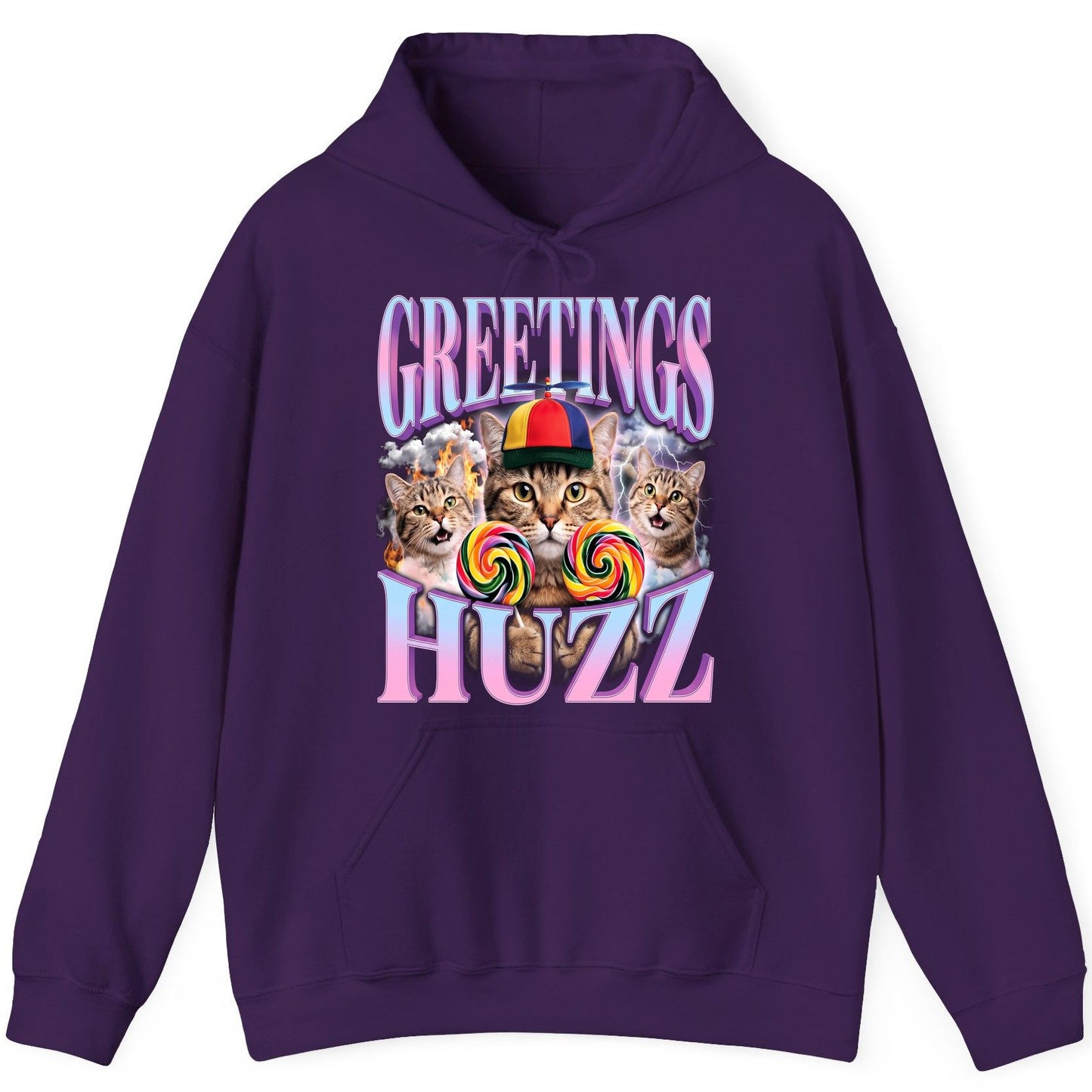 Greetings Huzz Funny Cats Hoodie - product mockup - Purple