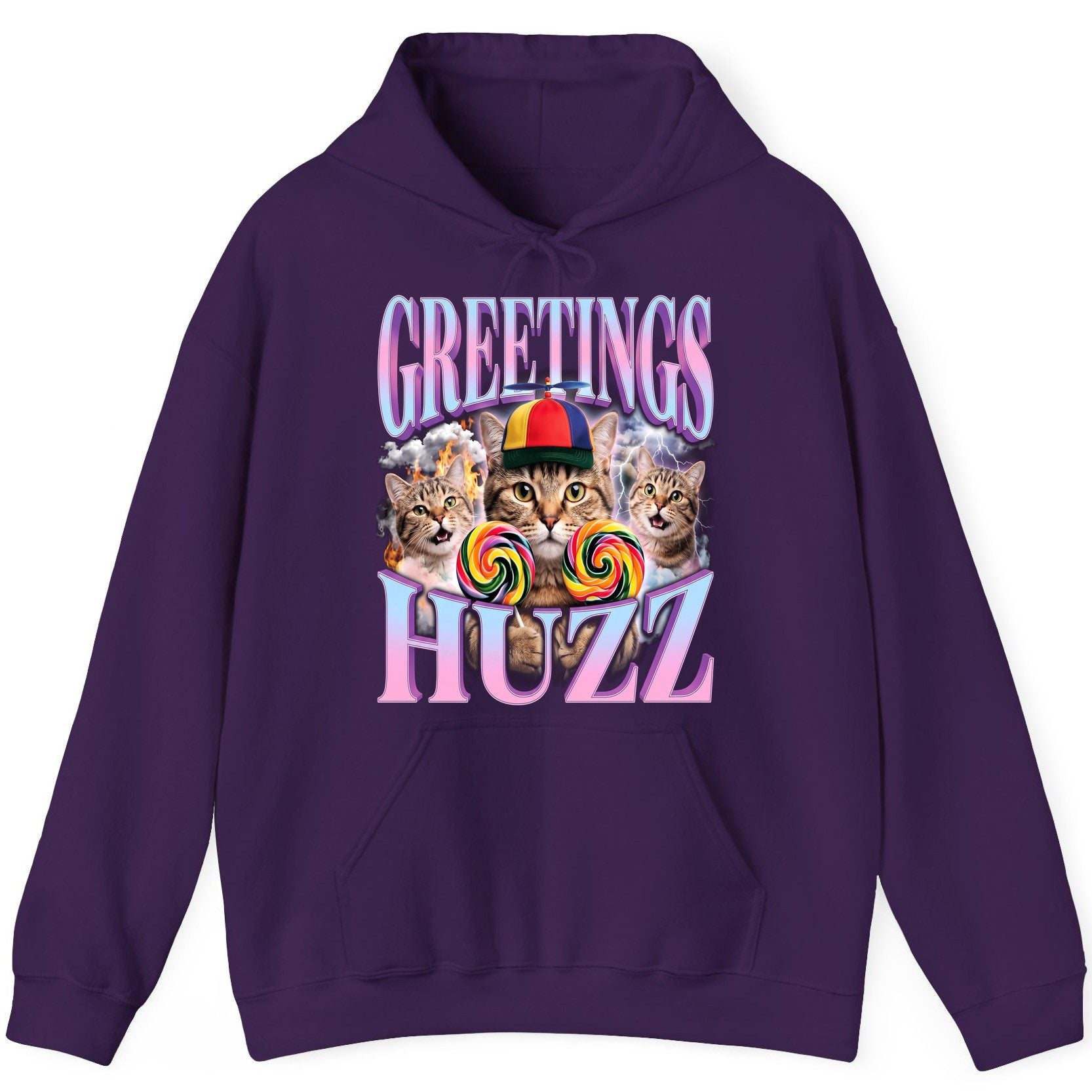Greetings Huzz Funny Cats Hoodie - product mockup - Purple