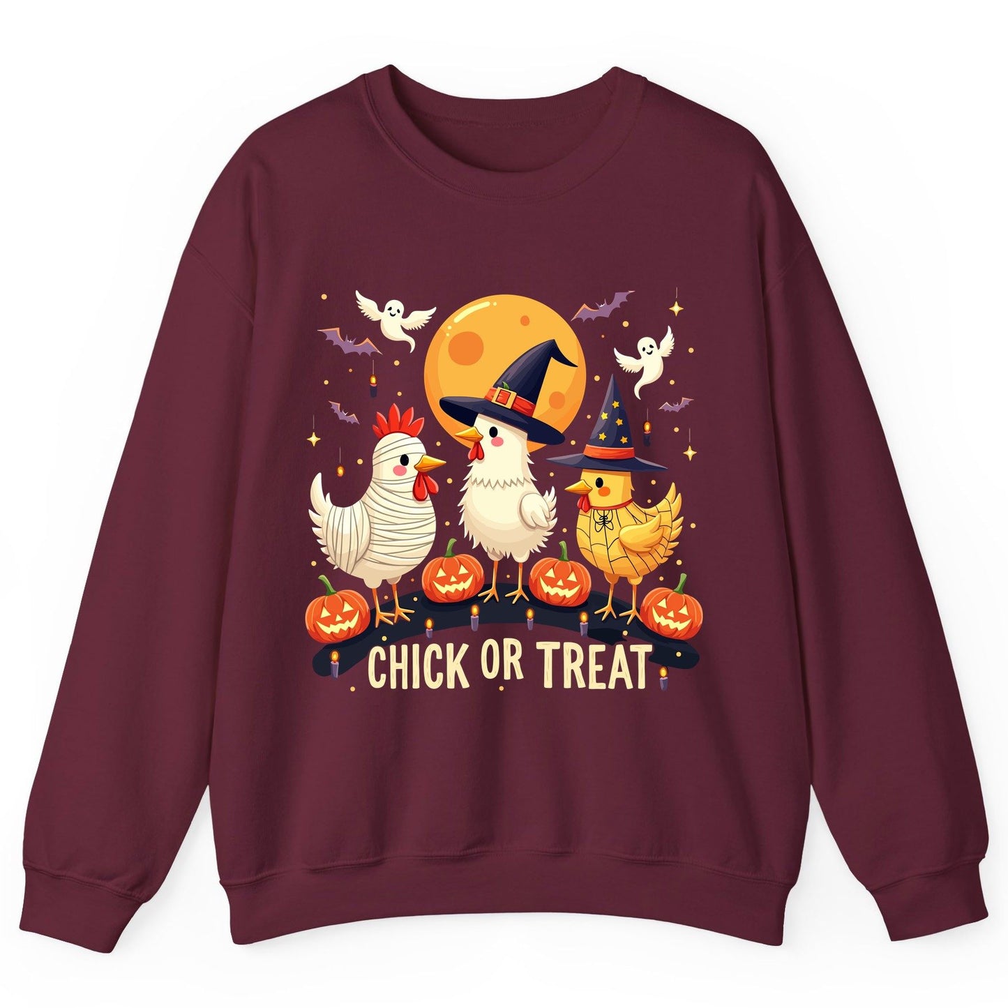 Chick or Treat Halloween chickens Sweatshirt Maroon product mockup