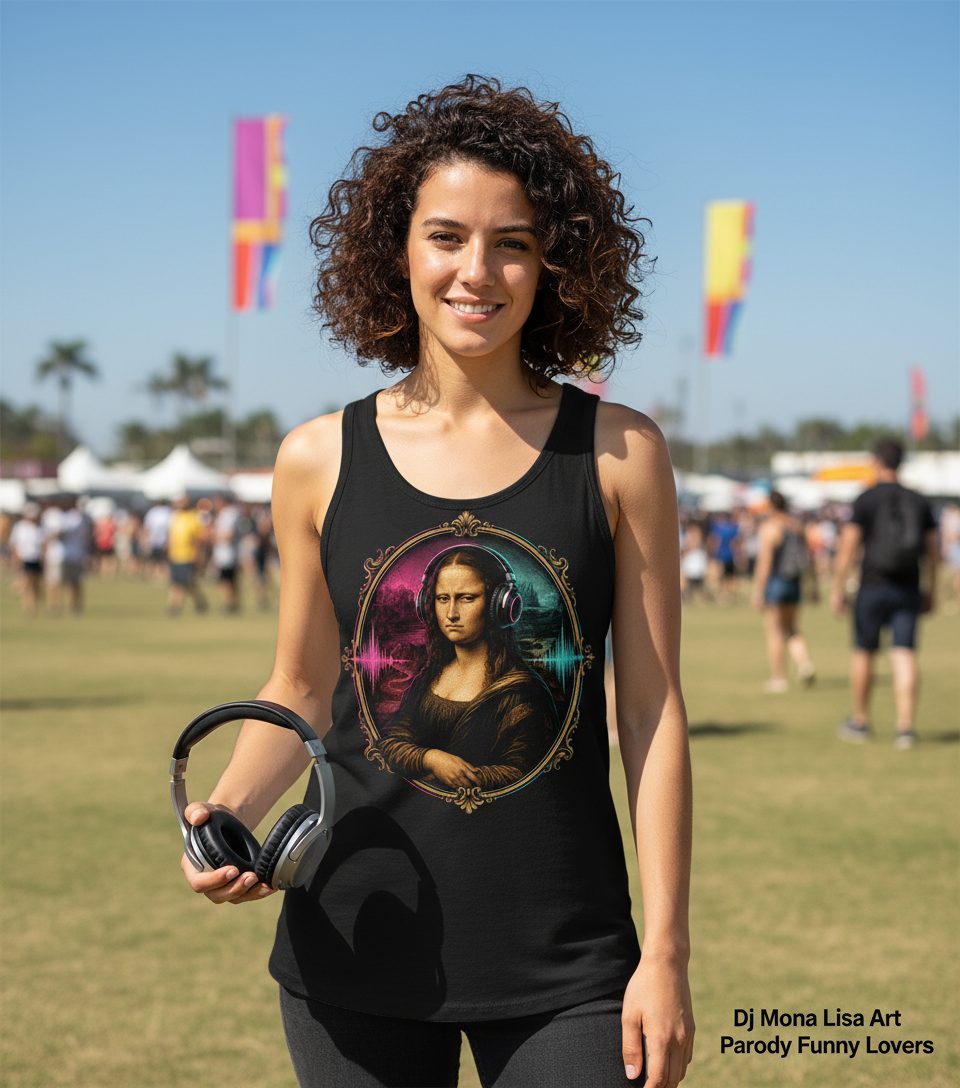 Dj Mona Lisa Art Parody Funny Lovers Tank Top - lifestyle model mockup - Black