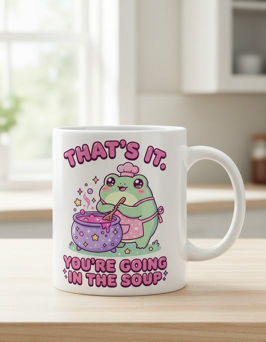 Kawaii Frog Chef 'You're Going In The Soup' Funny Meme Design White Mug - White