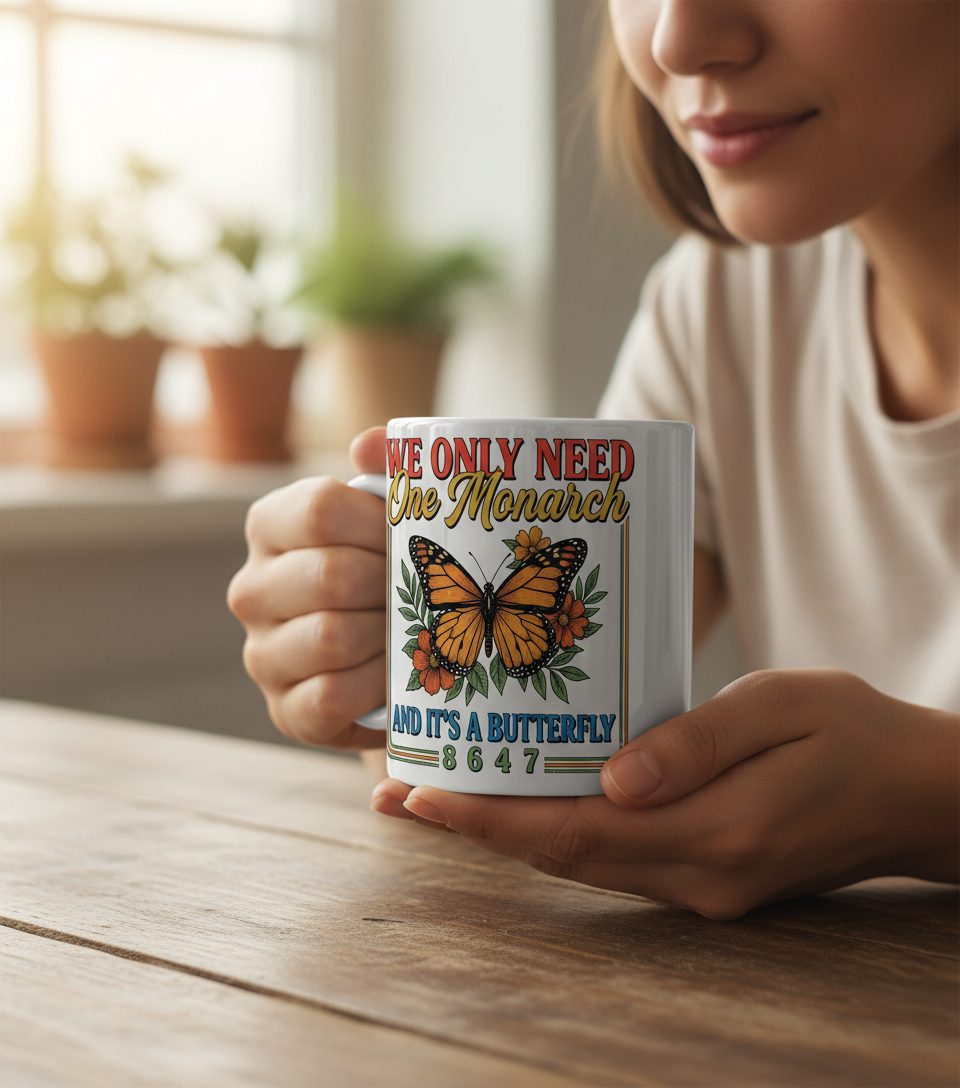 WE ONLY NEED One Monarch AND IT'S a Butterfly 8647 White Mug - lifestyle model mockup - White