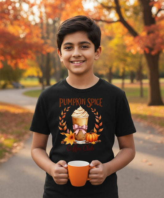 Pumpkin Spice Coffee Club pumpkin spice latte Youth T-Shirt Black lifestyle mockup