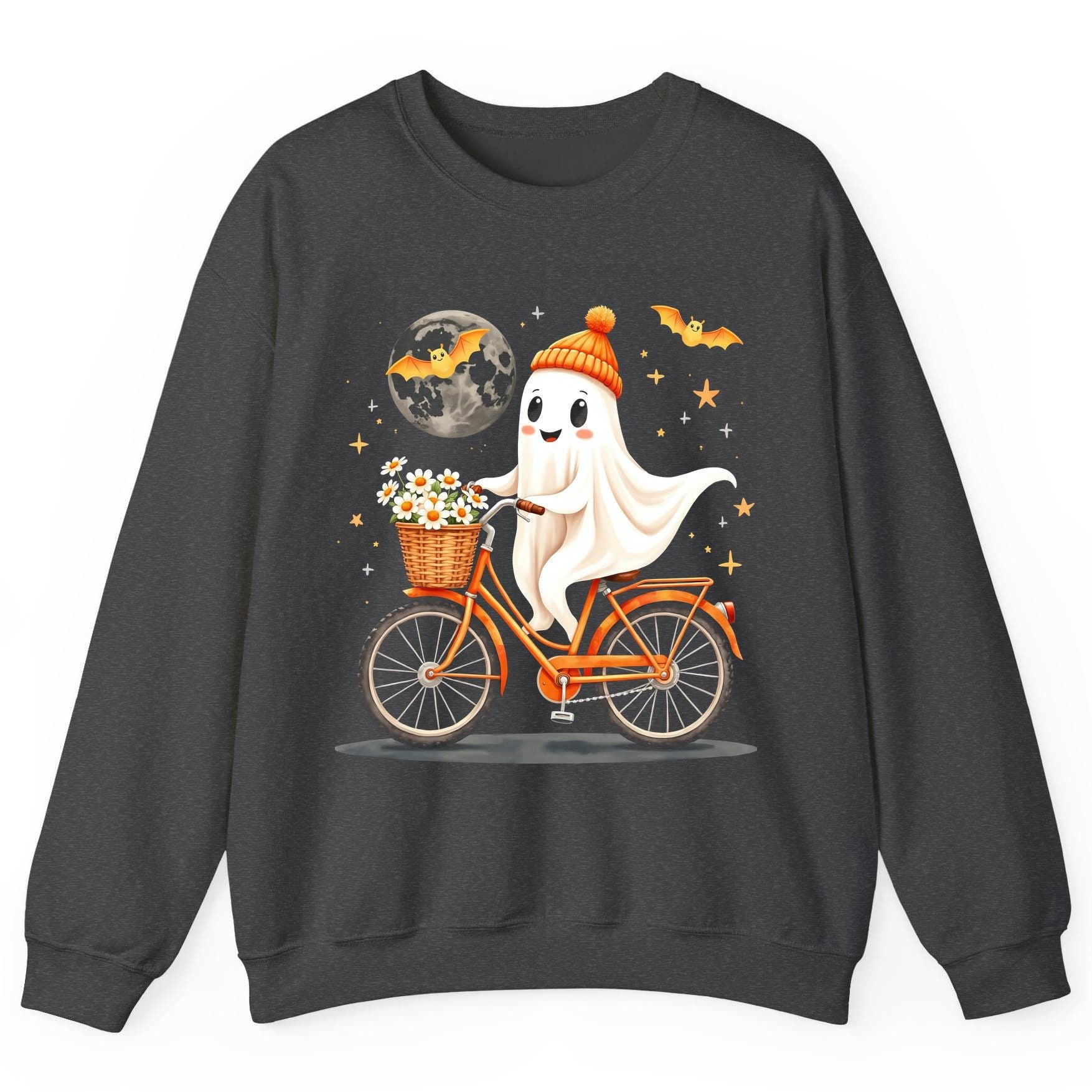 Cute Ghost on Bicycle cute ghost Sweatshirt Dark Heather product mockup