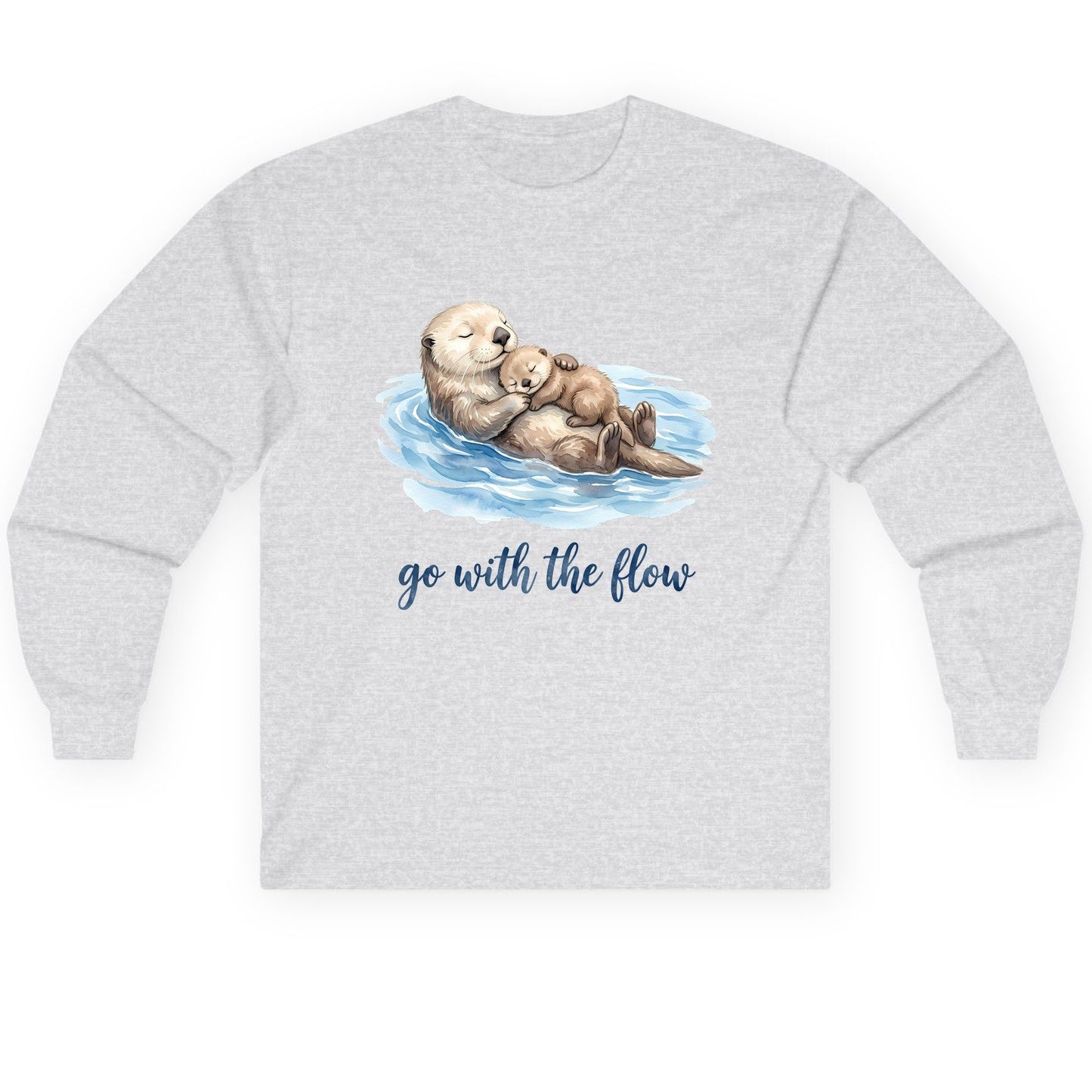 Go with the Flow Sea Otters Long Sleeve Tee - product mockup - Ash