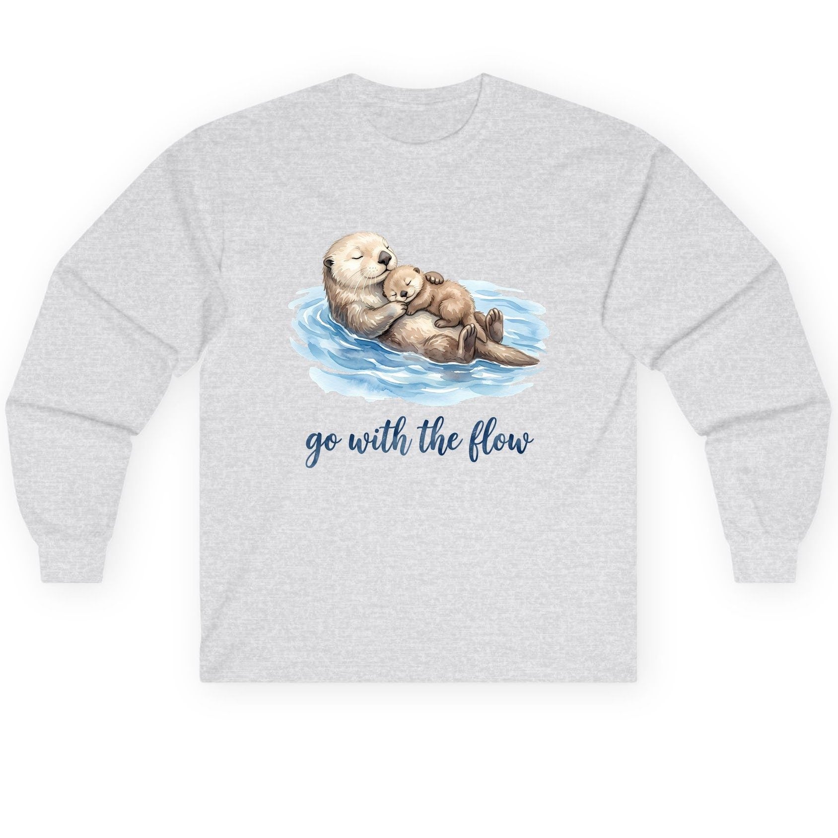 Go with the Flow Sea Otters Long Sleeve Tee - product mockup - Ash