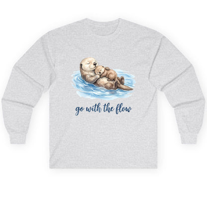 Go with the Flow Sea Otters Long Sleeve Tee - product mockup - Ash