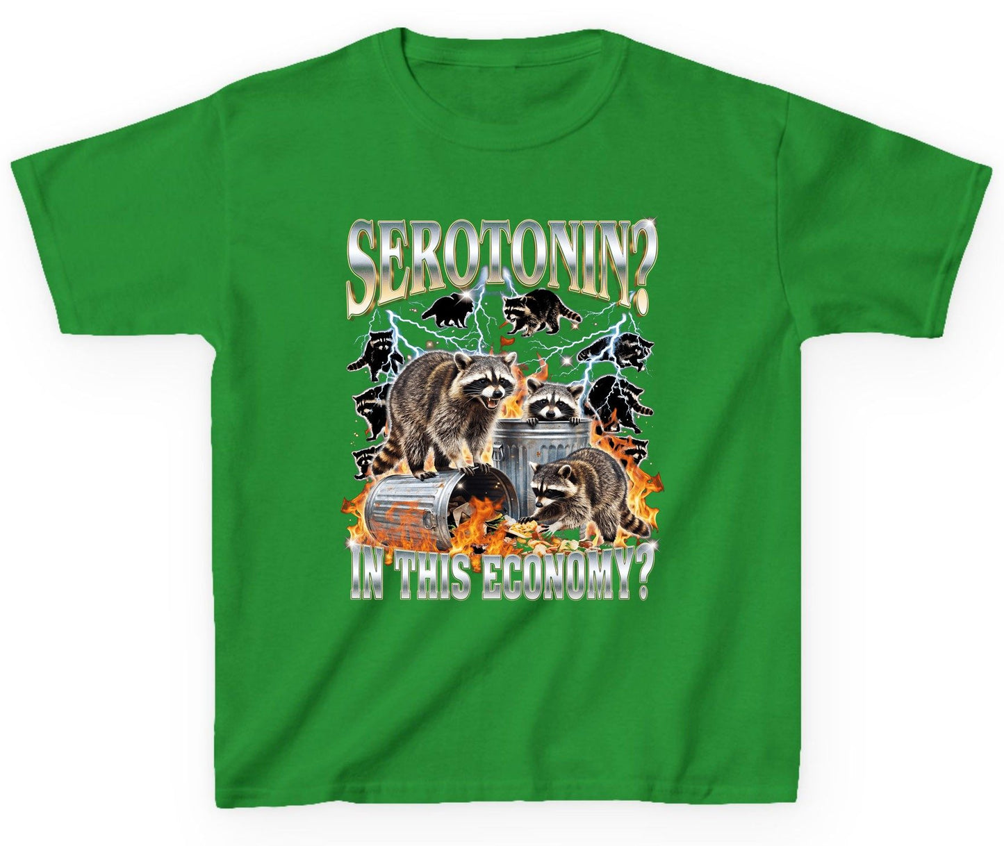 Serotonin in This Economy? raccoons Youth T-Shirt Irish Green product mockup