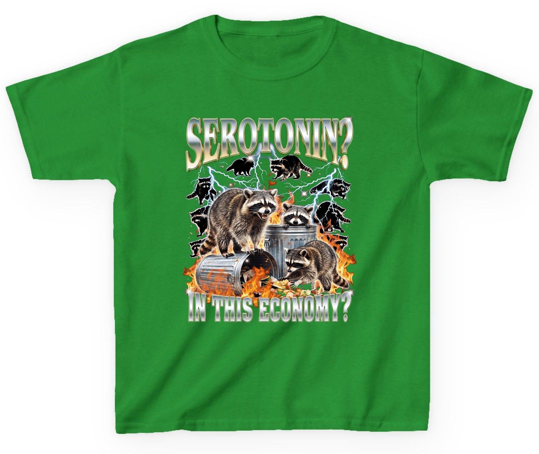 Serotonin in This Economy? raccoons Youth T-Shirt Irish Green product mockup