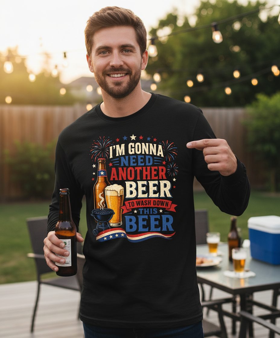 I'm Gonna Need Another Beer to Wash Down This Beer patriotic drinking humor Long Sleeve Tee Black lifestyle mockup