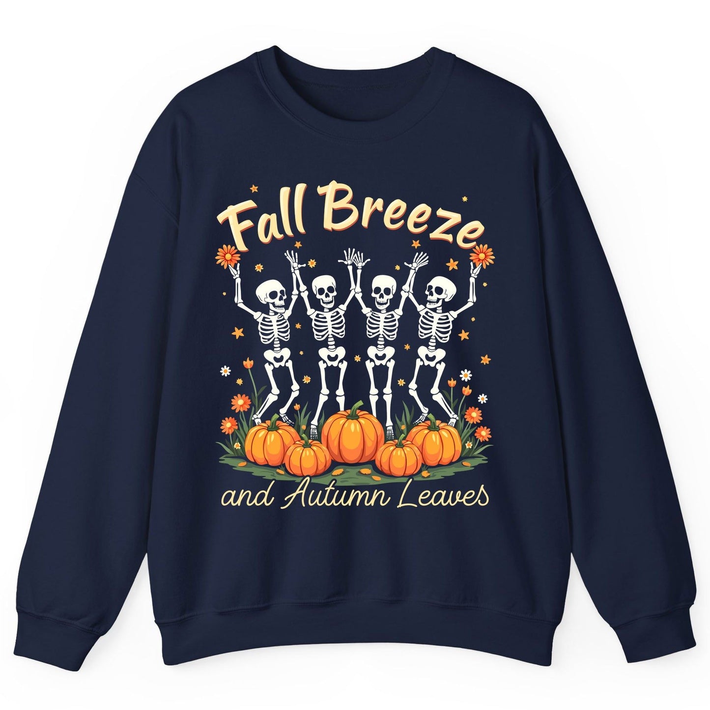 Fall Breeze and Autumn Leaves dancing skeletons Sweatshirt Navy product mockup