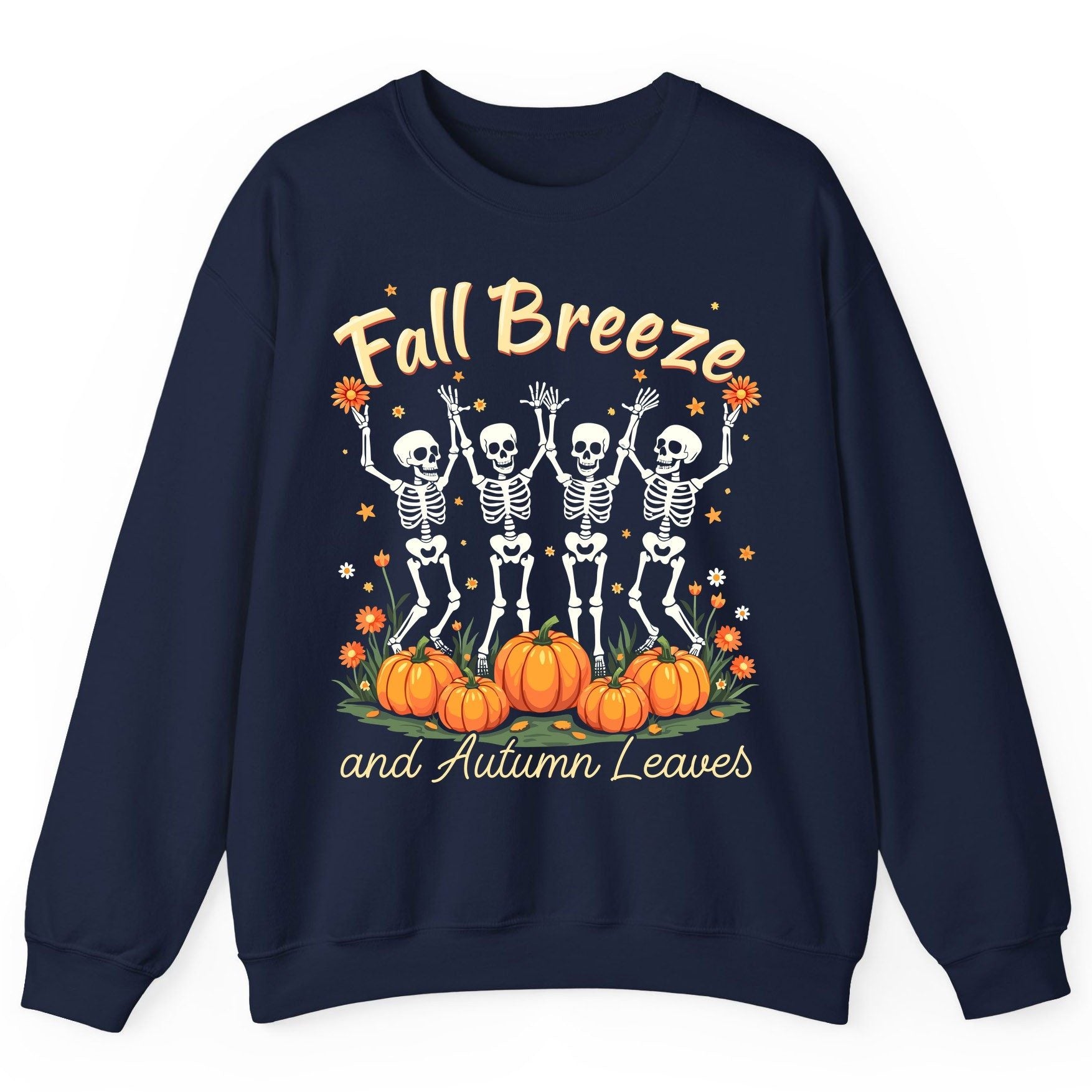Fall Breeze and Autumn Leaves dancing skeletons Sweatshirt Navy product mockup