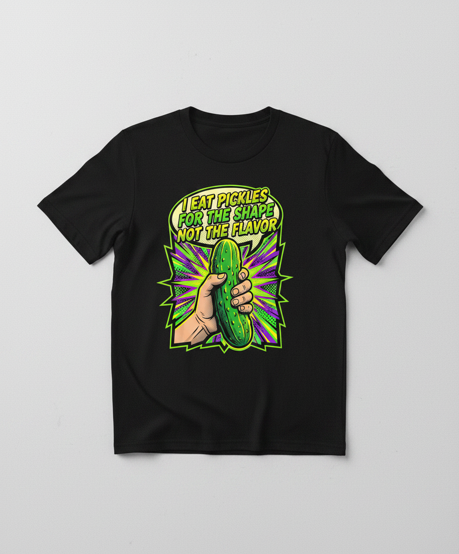 I Eat Pickles For The Shape Not The Flavor Funny Comic Art T-Shirt - Black