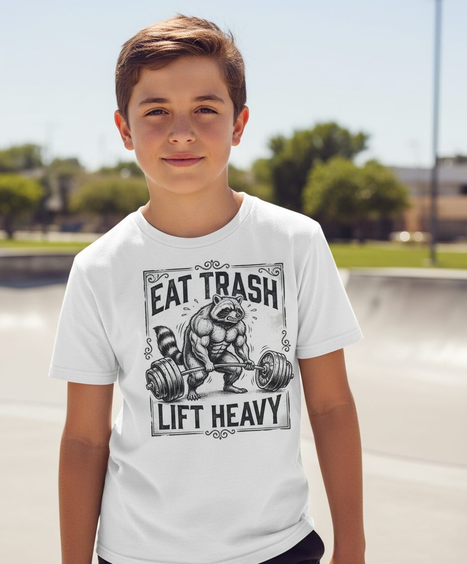 Eat Trash Lift Heavy raccoon Youth T-Shirt White lifestyle mockup