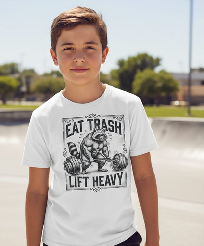 Eat Trash Lift Heavy raccoon Youth T-Shirt White lifestyle mockup