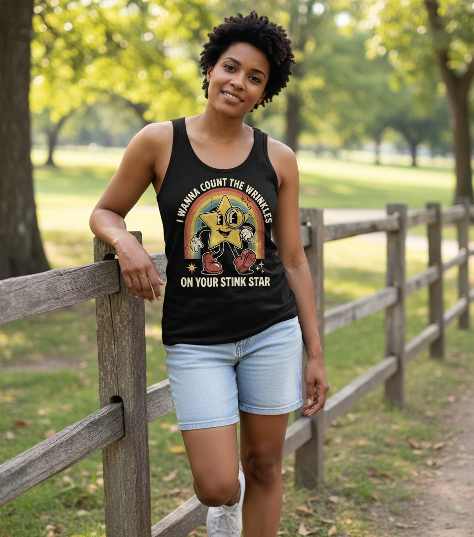 I WANNA COUNT THE Wrinkles ON YOUR STINK STAR Tank Top - lifestyle model mockup - Black