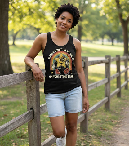 I WANNA COUNT THE Wrinkles ON YOUR STINK STAR Tank Top - lifestyle model mockup - Black