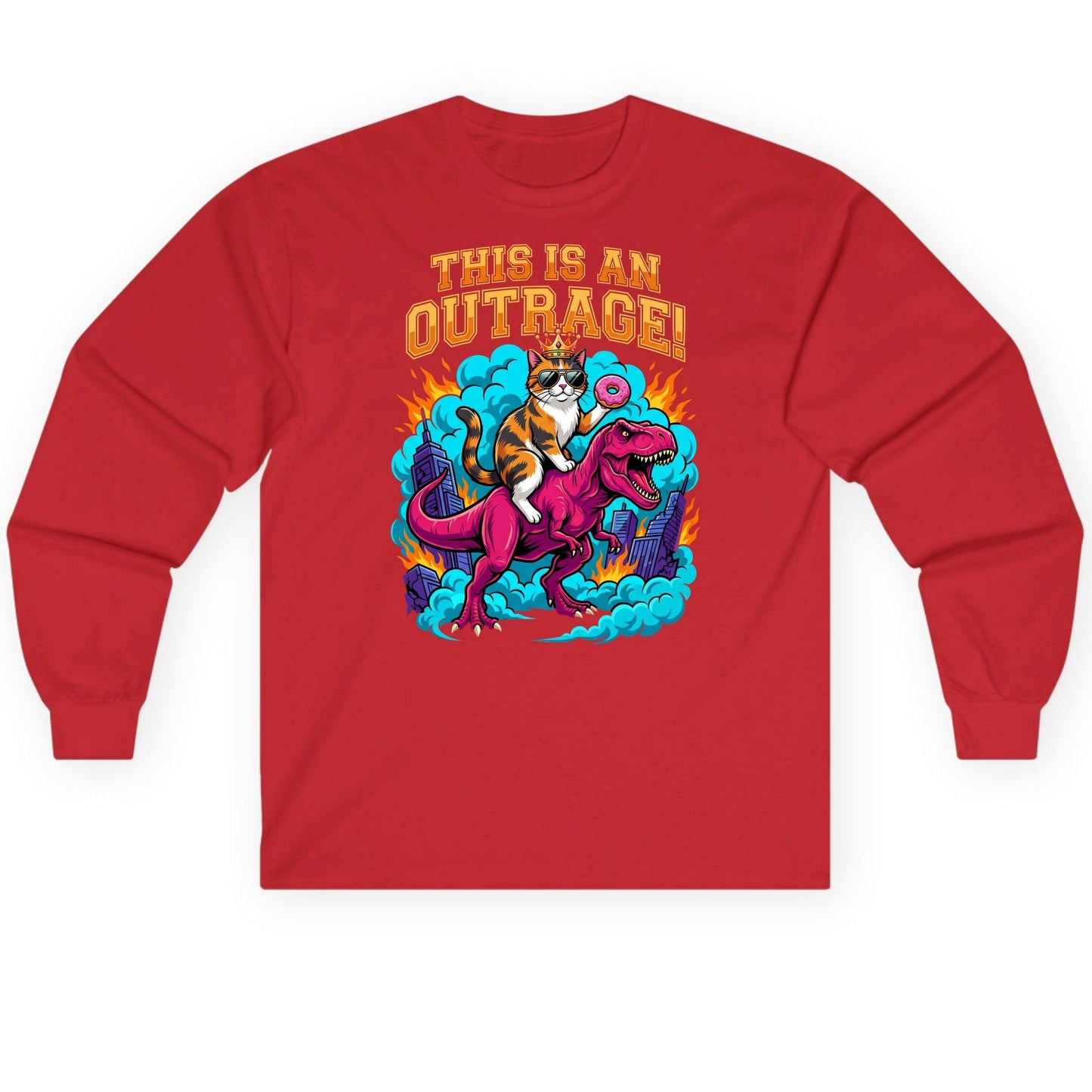 THIS IS AN OUTRAGE! Cat riding a T-Rex Long Sleeve Tee Red product mockup