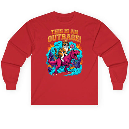 THIS IS AN OUTRAGE! Cat riding a T-Rex Long Sleeve Tee Red product mockup