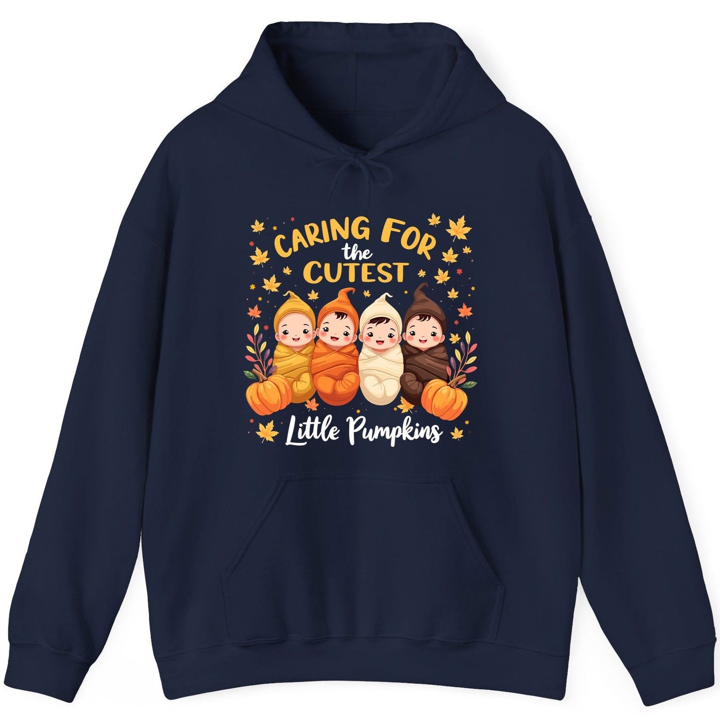 Caring for the Cutest Little Pumpkins swaddled babies Hoodie Navy product mockup