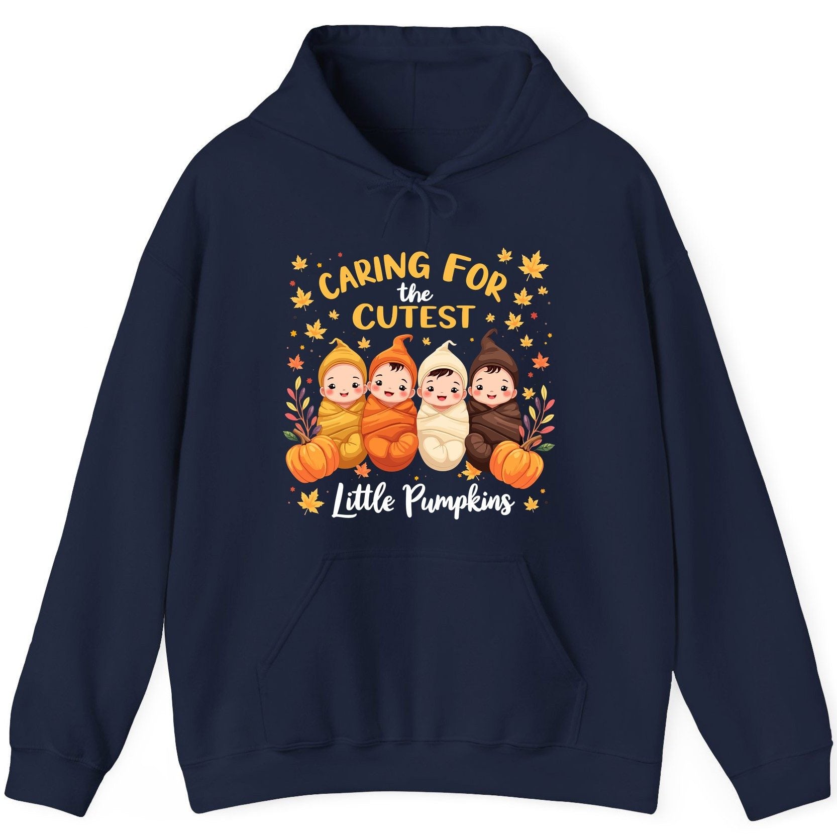 Caring for the Cutest Little Pumpkins swaddled babies Hoodie Navy product mockup