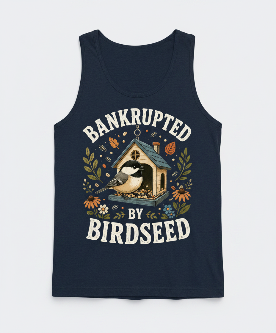 Bankrupted By Birdseed Funny Tank Top - product mockup - Navy