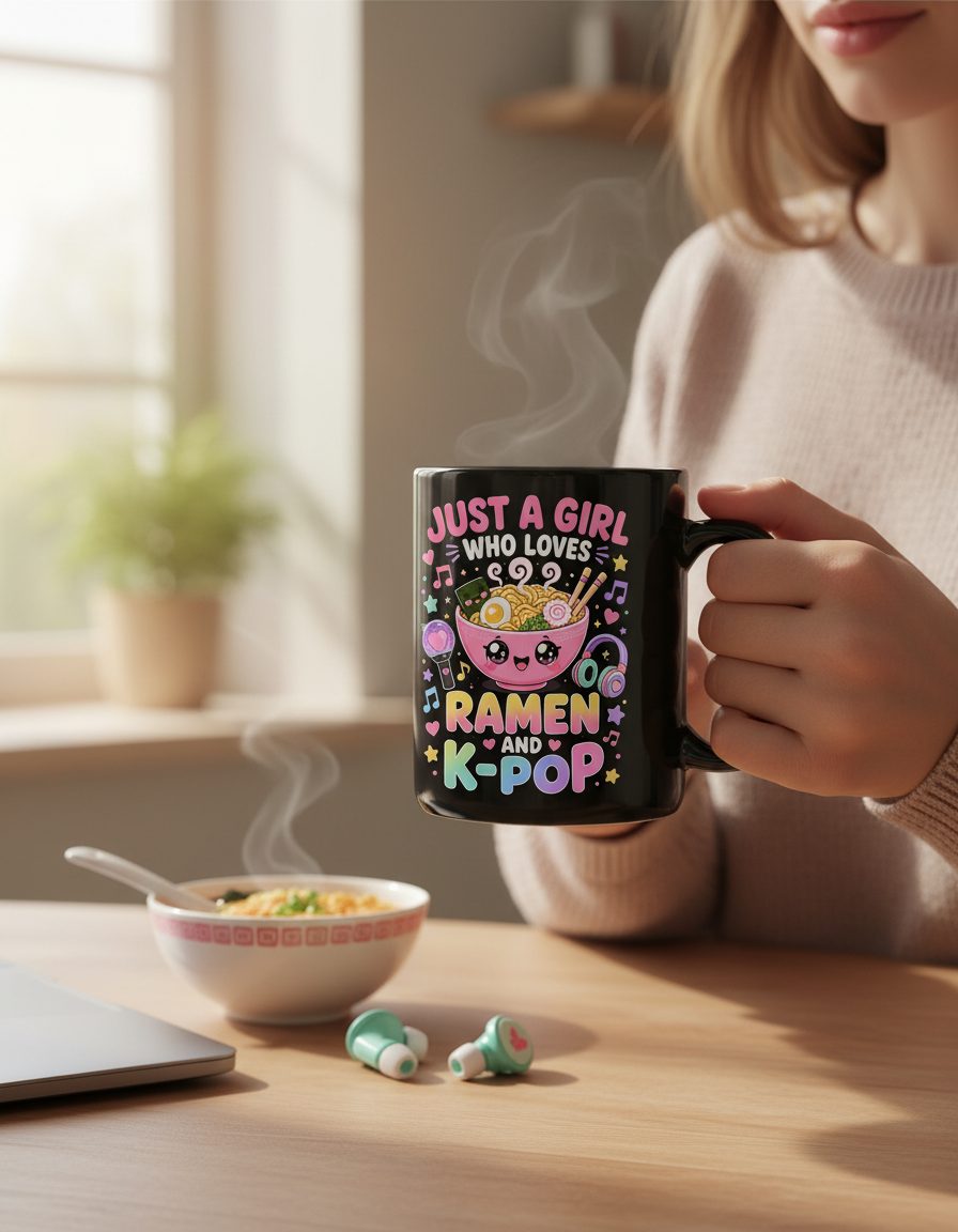 Just a Girl Who Loves Ramen and K-Pop K-Pop Fans Black Mug - lifestyle model mockup - Black