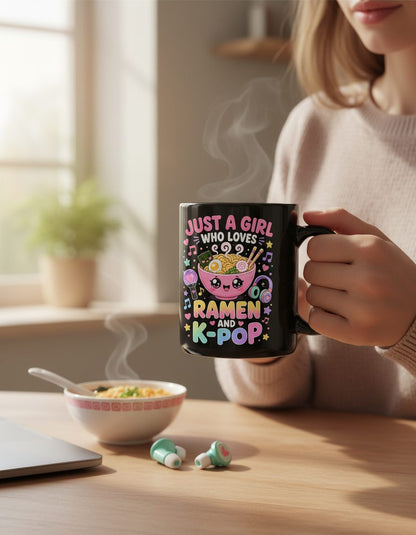 Just a Girl Who Loves Ramen and K-Pop K-Pop Fans Black Mug - lifestyle model mockup - Black