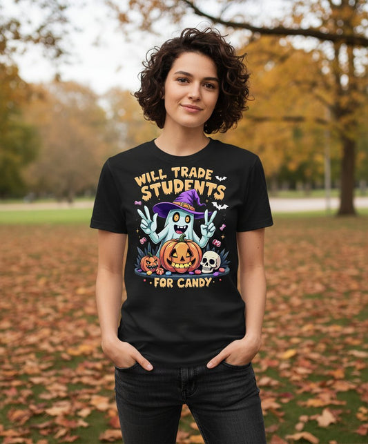 Will Trade Students for Candy teacher humor T-Shirt Black lifestyle mockup