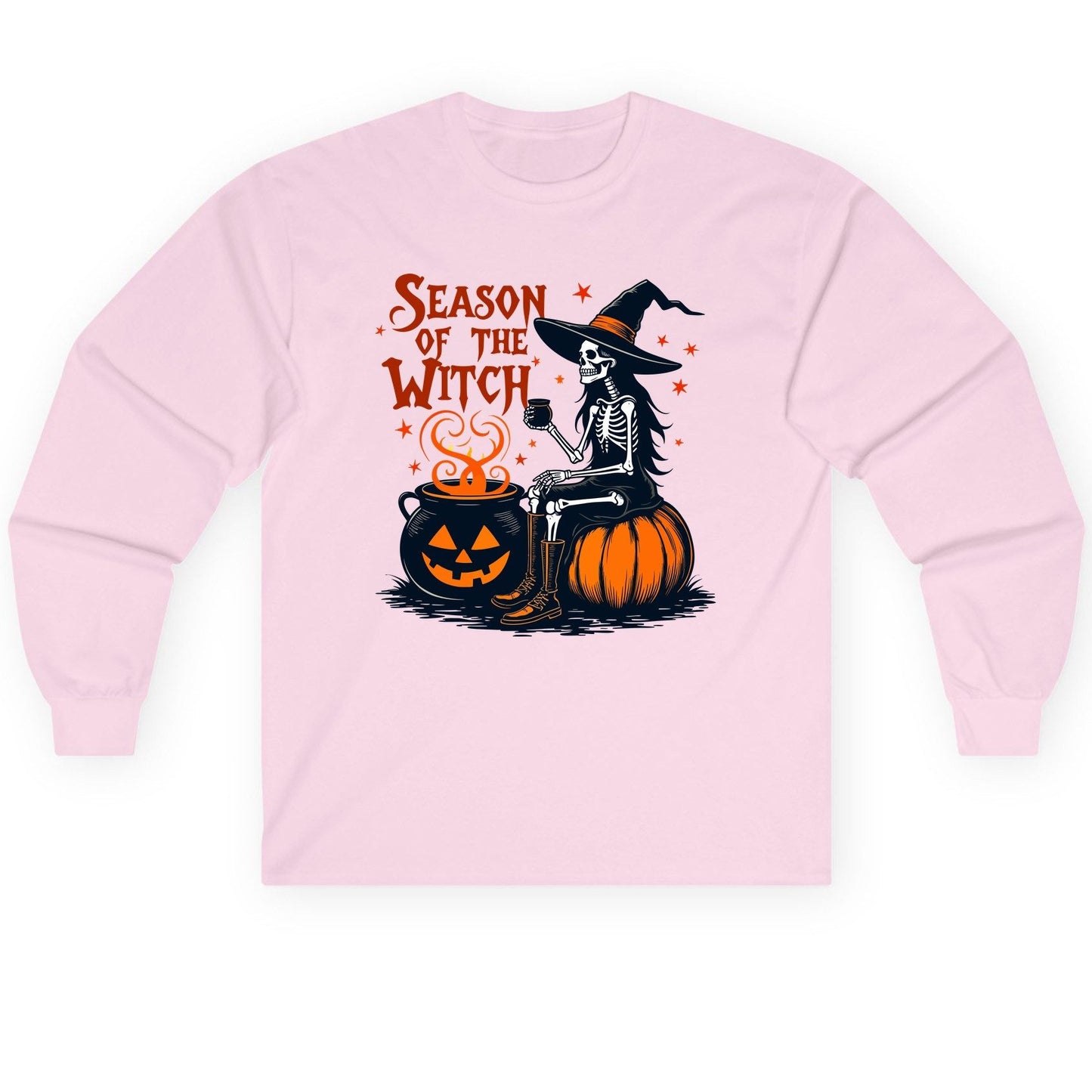 Season of the Witch skeleton witch Long Sleeve Tee Light Pink product mockup