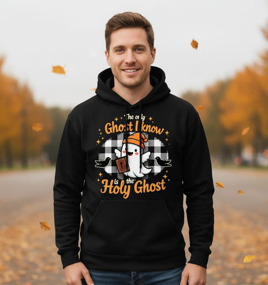 The Only Ghost I Know Is the Holy Ghost christian Halloween Hoodie Black lifestyle mockup
