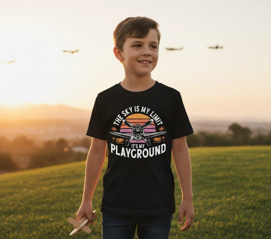 The Sky Is My Limit It's My Playground aviation Youth T-Shirt Black lifestyle mockup