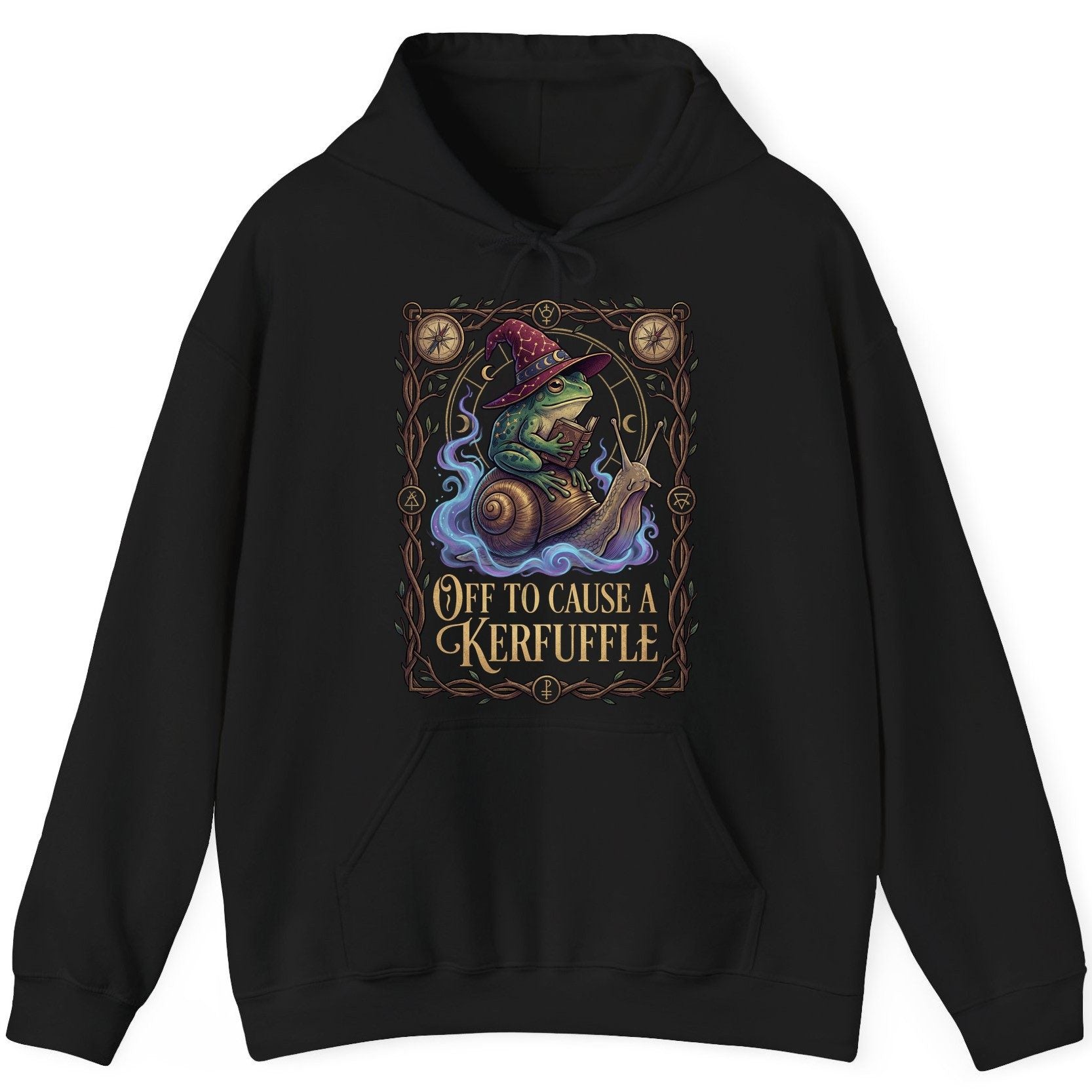Off to Cause a Kerfuffle frog wizard Hoodie Black product mockup