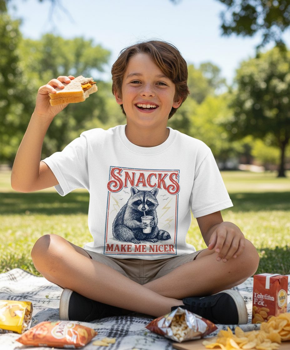 SNACKS MAKE ME NICER Funny Raccoon Youth T-Shirt - lifestyle model mockup - White