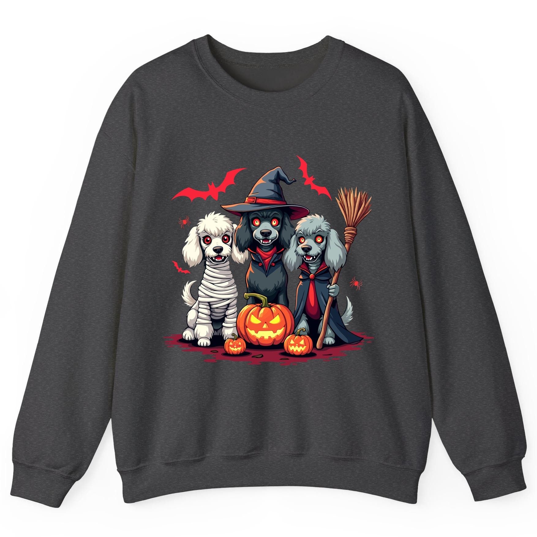 Spooky Poodle Trio Halloween dogs Sweatshirt Dark Heather product mockup